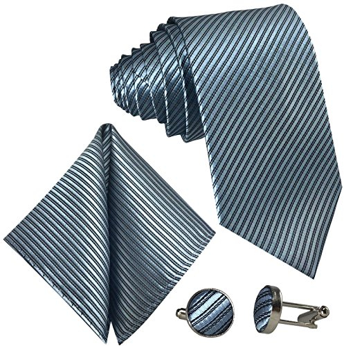 GASSANI 3-SET Blaugraue Krawatte Streifen gestreift | Binder Grau-Blau Manschettenknöpfe Einstecktuch | Krawattenset zum Anzug Seide-Optik