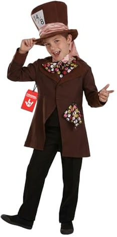 Fun Shack Hutmacher Kostüm Kinder, Wunderland Halloween Kostüm Kinder | Jacke & Zylinder mit Band, Braunes Design mit rosa Kragen, Perfekt für Halloween, Ideal für Rollenspiele