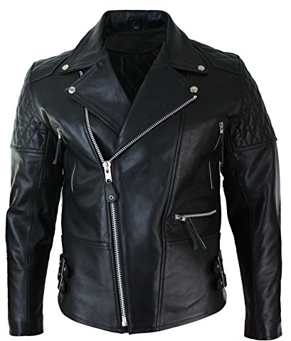 Men's Cross Zip Cow Hide Padded Biker Jacket White Black Brando