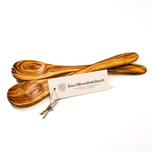 das Olivenholzbrett Posate per Insalata in Legno di Ulivo, Servono Utensili, Circa 30 cm, Prodotto Naturale, Oliato, Fine Venatura, Artigianale Pulito e Bene Terra Lavorazione - 35cm