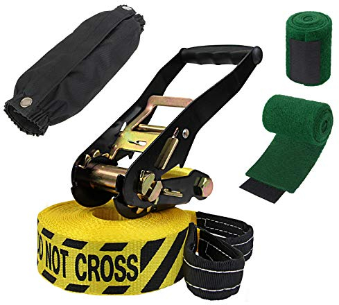 ALPIDEX Slackline 15 m 2 Tonnen + 2 x Baumschutz + Ratschenschutz 7 Jahre Garantie auf Material*, Farbe:Do not Cross. gelb