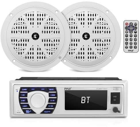 Pyle Marine Receiver & Speaker Kit - In-Dash LCD Digital Stereo Built-in Bluetooth & Microphone w/ AM FM Radio System 5.25’’ Waterproof Speakers (2) MP3/USB/SD Readers & Remote Control - PLMRKT36WT
