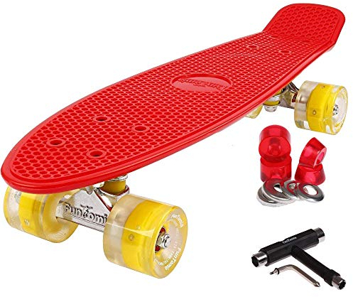 FunTomia 57cm Mini-Cruiser Board Skateboard mit oder ohne LED Leuchtrollen inkl. Aluminium Truck, ABEC-9 Kugellager und T-Tool (Rot mit gelbe LED Rollen)