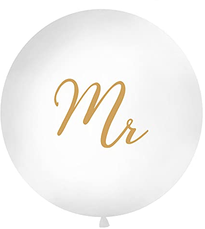 PartyDeco Runde Ballon Weiß mit Goldenen Aufschrift Mr - Latex-Ballon Brautpaar Junges Paar in der Luft- 1m Durchmesser Ballon Träger Hochzeit Dekoration Hochzeit Empfang