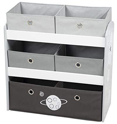 roba Étagère pour Jouets Enfant en Bois Rakete - 5 Paniers en Tissu Amovibles - Meuble de Rangement pour les Jouets - 64 x 30 x 60 cm - Motif Fusée - Gris / Noir