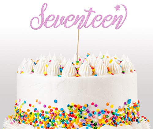 Cakeshop 17th Birthday Glitter Cake Topper, Age 17 Cake Topper Decoration, 17th Anniversary - Double Sided 400gsm Glitter Card, Choice 14 of Colours and Loads of Styles (Baby Pink)