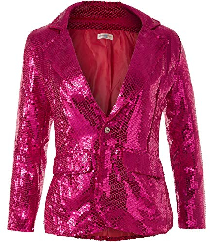 dressforfun Blazer Damen, Kostüm Damen Pailletten Oberteil Damen, Glitzer Oberteile Damen, Jackett, Faschingskostüm, Disco Kostüm Damen, Rave Outfit Damen, 80er Jahre Outfit, pink, L
