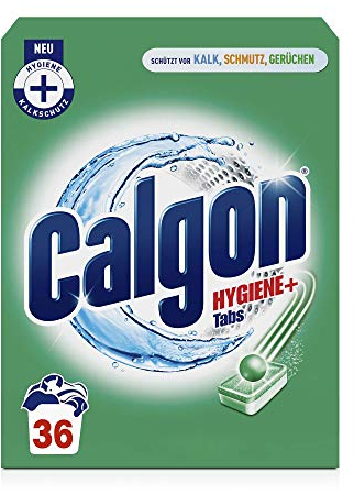 Calgon Hygiene+ Tabs – Schutz vor Kalkablagerungen und Schmutz – Wasserenthärter mit Hygieneschutz für die Waschmaschine – 1 x 36 Tabs