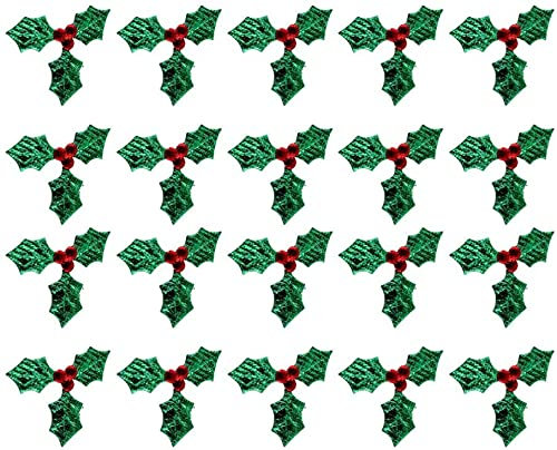 Milisten 100pcs Triple Leaf Holly Berries Embellishments for Christmas Card Making and Tag