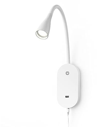TOPMB Leselampe Bett Wandmontage, USB, Touch, 360° Schwanenhals Weiß | Gezieltes Leselicht mit flexiblem Arm, USB-Anschluss und Touch-Steuerung für ruhiges Lesen im Bett ohne Störung