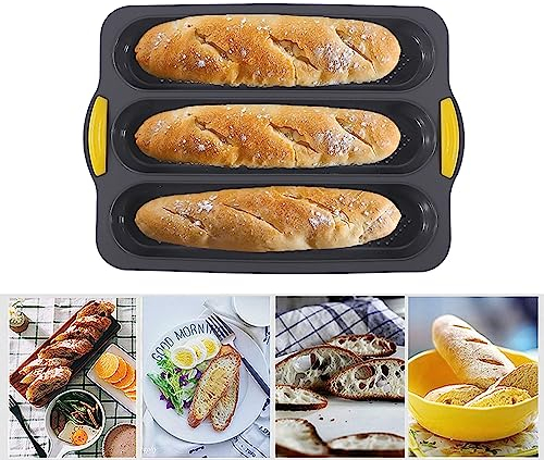 RoseFlower Silicone Bread Tin for Baking, Non-Stick Loaf Tin Silicone Baguette Baking Tray with Handle for Baking Loaves, French Breads, Breadstick, Bread Rolls (3 Grid, Grey)