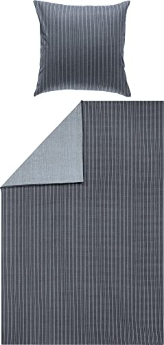 Erwin Müller Wende-Bettwäsche-Set, Bettgarnitur Feinbiber Streifen - flauschig weich, temperaturausgleichend, mit Reißverschluss - Schiefer Größe 135x200 cm (80x80 cm)