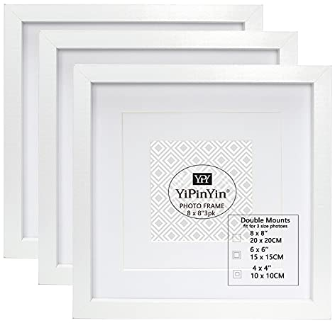 YiPinYin Juego de 3 marcos de fotos blancos de 20.3x20.3 cm, con doble soporte para 15.6x10.4x10.2 cm, 3 unidades, elegante marco de fotos con ventana de cristal para montaje en pared y escritorio