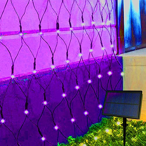 SUAVER Solar LED Lichternetz, Wasserfest 100LEDs Solar Lichterkette,1.5x1.5m Outdoor Lichtervorhang,8 Modi Net Mesh Deko Leuchte für Weihnachten Garten Party Hochzeit Schlafzimmer (Lila)