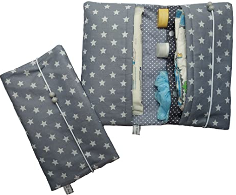 Wickeltasche Windeltasche graue Sterne, Punkte, Herzen - Handmade by die-kreative-fee (hellgraue Sterne - innen Pünktchen)