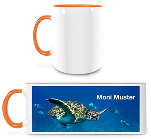 Manutextur Tasse mit Namen - personalisiert - Motiv Schildkröte - viele Farben & Motive - weiß/orange - persönliches Geschenk mit Wunsch-Motiv und Wunsch-Name
