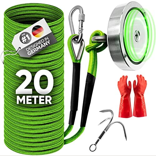 Jungle Monkey - Magnetfischen Set 400kg [Zugkraft DEKRA geprüft] Starker Neodym Magnet Angel mit Wurfanker, wasserdichten Handschuhen & Seil für Magnet Fischen - Magnetangeln Angeln mit Magnet Fishing