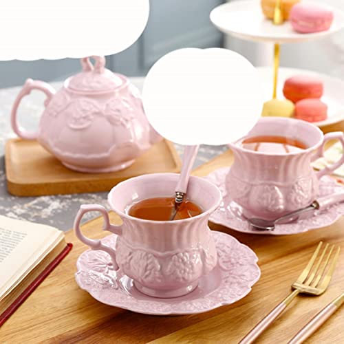 DAERG Elegantes Rosa Keramik Teeservice Retro Porzellan Teetasse Kanne Britische Blumen Teekanne Tasse Cafe Teatime Kaffeetasse - Komplettes Set