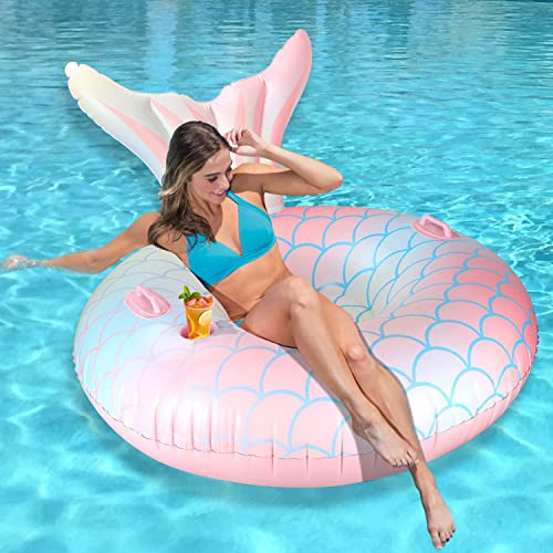 DONGSHUAI Aufblasbarer Pool Float Mermaid Pool Floaties Chair Lounger für Erwachsene, Swimming Pool Air Sofa Floating Chair Large mit Getränkehaltern, Rückenlehne, Netzboden