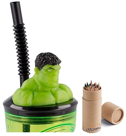 OM SUPPLIES Hulk 3D Figurine Cartoon Characters Reusable Tumbler Childrens Drinking Cup Reusable Straw 23 x 7.5 x 7.5cm (Hulk)
