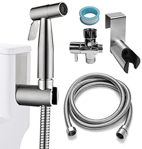 Ikaufen Handheld Bidet Sprayer for Toilet Adjustable Water Pressure Control Bidet Hose Attachment for Bathroom Shower Spray Stainless Steel Cloth Diaper Sprayer Kit…