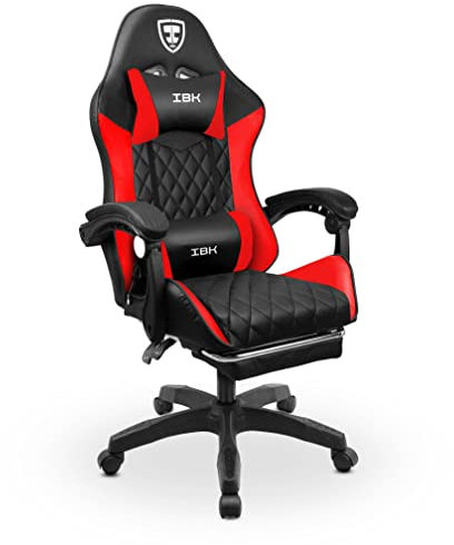 IBK Sedia da Gaming Ergonomica Professionale, similpelle, cuscino supporto lombare, regolabile in altezza, schienale reclinabile, pistone a gas classe 3, Poltrona Ufficio PC (Red)