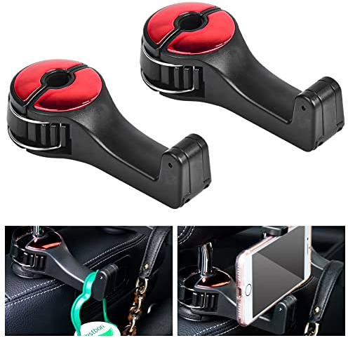 Kleemeiero 2 Stück Kopfstützenhaken Auto Kunststoff Autositze Kopfstütze Haken Universal Haken für Autositze Kopfstütze mit Handyhalterung Drehbar Taschenhaken Auto für Geldbörse, Stoff, Lebensmittel