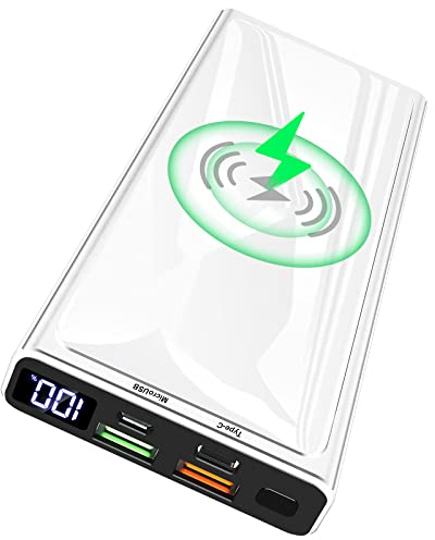 Wireless Powerbank, 22.5W PD20W QC 3.0 LED Display 10000mAh Externer Akku mit Tragbares Schnellladegerät, 2 Eingängen und 4 Ausgängen (Qi & USB C) für iPhone Samsung Huawei iPad Tablet Airpods usw