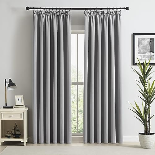 Beauoop Pencil Pleat Blackout Curtains for Living Room 90 inch Drop Grey Curtains for Bedroom Rod Pocket Light Blocking Thermal Insulated Drapes Window Treatment 2 Panels, W90 x L90