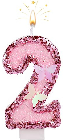 Savita 7cm Geburtstag Nummer Kerzen, Glitzernde Zahlenkerze Rosa Zahlenkerzen Kuchenaufsatz Schmetterlings-Geburtstagskerzen mit Pailletten für Jubiläumsfeiern (Nummer 2), I04001-10