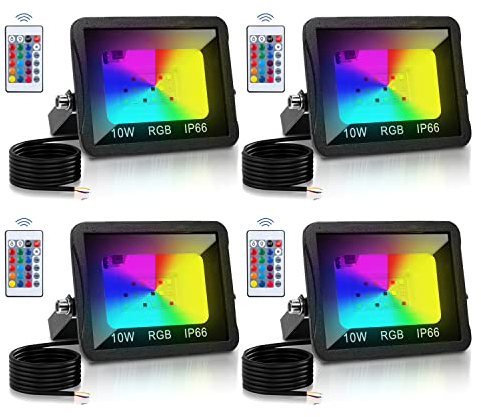 Gimisgu 4x10W RGB LED Strahler mit Fernbedienung, IP66 Wasserdicht Dimmbares Flutlicht, Farbwechsel 16 Farben 4 Modi mit Memory Funktion für Gärten Stimmungslichter (kein Stecker), 4 Pack