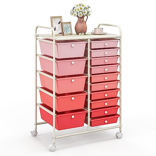 COSTWAY Carrito Auxiliar con Ruedas, Carro Almacenaje con 15 Cajones Apilables, Carrito Organizador con Ruedas Bloqueables de Metal para Cocina Oficina, Baño, 37x63x87cm (Rosado)