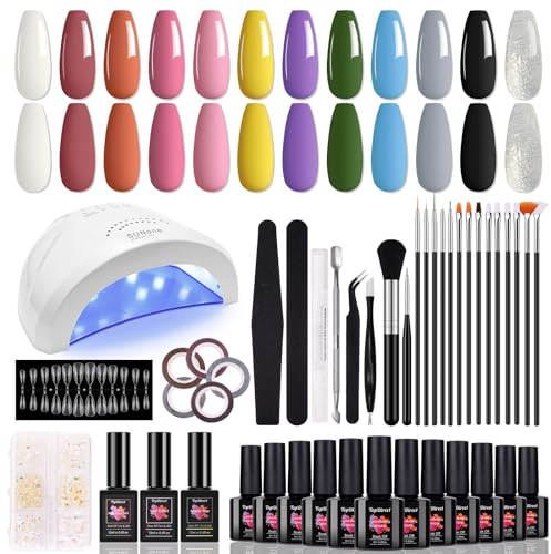 Shellac Set Starterset mit Lampe 48W, TopDirect 12 Farben Gel Nagellack mit Base Top Coat 5 In 1 Klebegel Maniküre Set Gel Nail Polish Kit Gelnägel Starterset Nägel Selber Machen Geschenk für Frauen