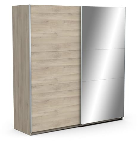 Demeyere Armoire Porte Coulissante avec Miroir & Penderie Moderne – Coloris Chêne Kronberg & Finitions Métal - 194,5 x 59,9 x 203 cm