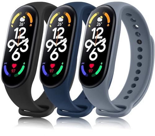 Oumida 3 Piezas Correa Compatible con Xiaomi Mi Band 7, Correa de Silicona Clásica, Pulsera de Repuesto Deportiva de TPU Suave para Xiaomi Mi Smart Band 7 (Negro+Azul Gris+Azul Marino)