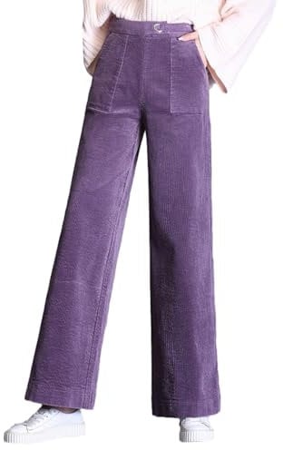 MIATCENRT Damen-Cordhose Mit Weitem Bein – Hoch Taillierte, Große Hose Mit Elastischer Taille, Seitliche Kontraststreifen, Gerade Hose, Dicke Cord-Freizeithose, Lila, M