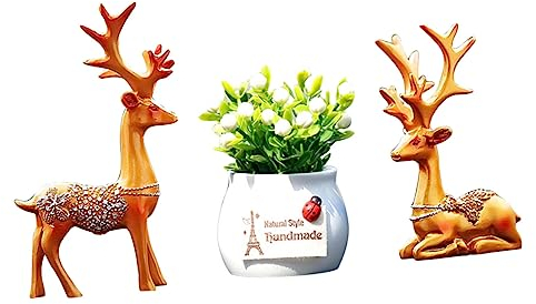 ORFOFE Goldene Hirschfigur Deko Aus Kunstharz Geweihornornamente Für Auto-innendekoration Armaturenbrett-Dekoration Schreibtisch-Dekoration Und Weiß