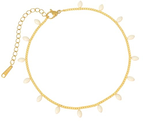 Made by Nami Bracelet de cheville en acier inoxydable pour femme - Doré - Imperméable - Avec perle - Longueur : 21,5 cm - Avec chaîne réglable de 6,1 cm - Convient comme bijou de surfeur ou de bohème,