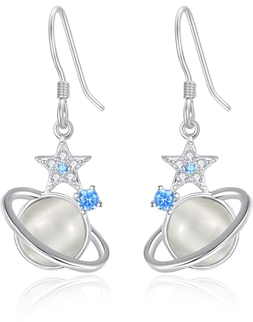KINGWHYTE Planet Ohrringe - 925 Sterling Silber Mond und Stern Katzenauge Stein Stern Ohrringe Milchstraße Schmuck Geschenke für Frauen und Mädchen