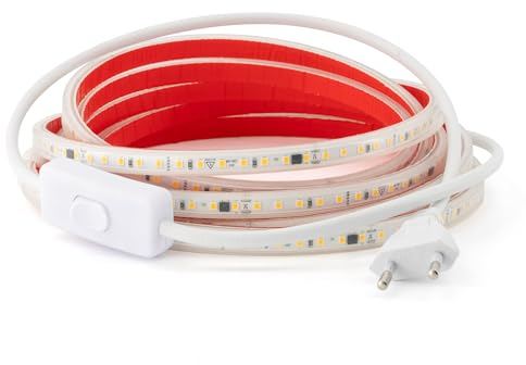 PLAYLUZ Tira Led de 220v 2835 120 Led/m ALTA LUMINOSIDAD, Adhesiva y INTERRUPTOR. IMPERMEABLE Blanco Frío/Neutro/Cálido Waterproof IP67 strip (Blanco Frio, 1,5M)