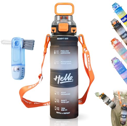 KunpengZen Trinkflasche 1l, Motivierende Zeitmarkierung Wasserflasche 1l KohlensäUre Geeignet, Trinkflasche Sport für Kinderschule/Erwachsene, Fitnessstudio, Radfahren, Yoga, Laufen, Camping-Schwarz