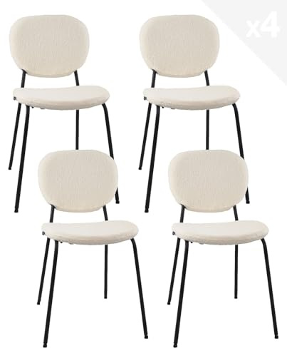 KAYELLES Lot de 4 chaises contemporaine Salon Salle à Manger, Tissu Bouclette Teddy Blanc rembourré, Pieds métal Noir MADA