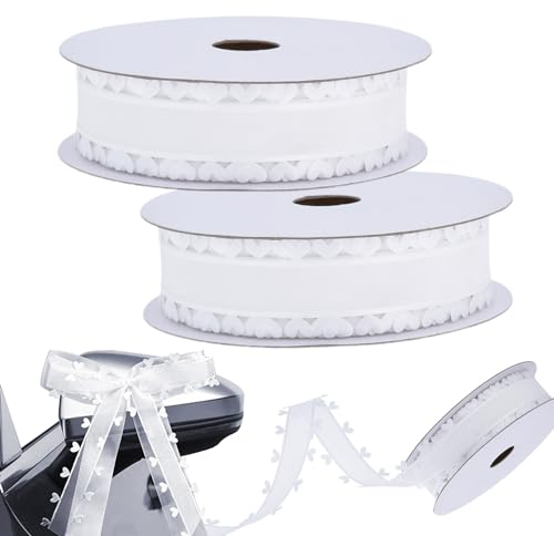 25mm x 18m Weiss Schleifenband mit Herzen, Smavles 2 Rollen Geschenkband Herz-Band,Herzen Organzaband Organza Bänder, Tüllband Dekoband für Auto Hochzeit Deko Tischdeko Haarschleife DIY (Weiß)