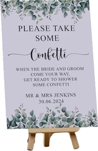 Personalised Wedding Confetti, Eucalyptus Table Sign (Personalised Card and Easel)