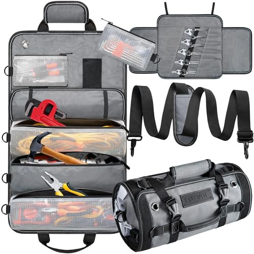 FUZVOL Tool Bag, Tool Roll Bag, Heavy Duty Roll Up Tool Bag, Tool Organizers Storage Bag with Small Detachable Tool Pouch and Wrench Roll, Gifts for Men Dad Husband Mechanic Electrician, Grey