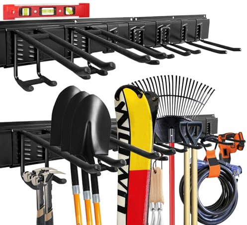 VONLX 48 inch Garage Storage Organization Garage Garden Tool Organizer Wall Mount Adjustable Garage Organizers with 7 Heavy Duty Hooks Tool Holder for Hanging Rake Broom Mop Shovels Max Load 440 lbs