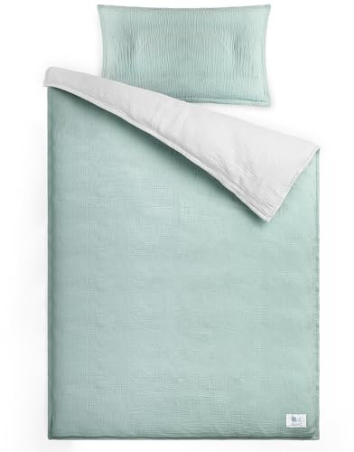 lulumoon Musselin Kinderbettwäsche 100x135: Bettbezug 100x135 + Kissenbezug 40x60 cm aus Baumwolle – Leicht und Komfortabel Bettwäsche Set für Baby Kinder (Grau Grün, 100x135 + 40x60 cm)