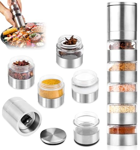 Aoreun Reise Gewürz Set, 5 in 1 Gewürzstreuer mit Gewürzmühle, Edelstahl Tragbare Gewürzstreuer Mini Gewürzgläser Set mit Deckel, Mini Salzstreuer Gewürzdosen für Reisen Picknick BBQ Steak