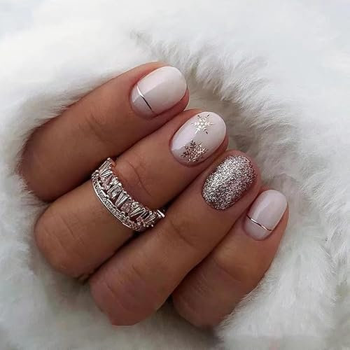 Mgmxbsth 24pcs Short Square False Nails, Snow Press on Nails,Lightning Stick on Nails,French Tip False Nails, Tip Acrylic Gel Adhesive Nail, Full Cover Fake Nails for Women and Girls(Snowflakes)