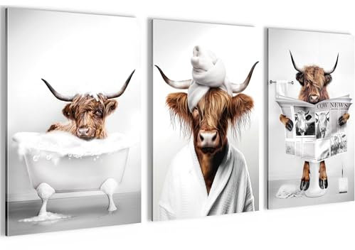 Novart Bilder Set Lustige Tiere - Kein Extra Rahmen benötigt - Wandbilder für Schlafzimmer Flur Badezimmer - 3 Teilig Deko Bulle Badewanne - N032936a